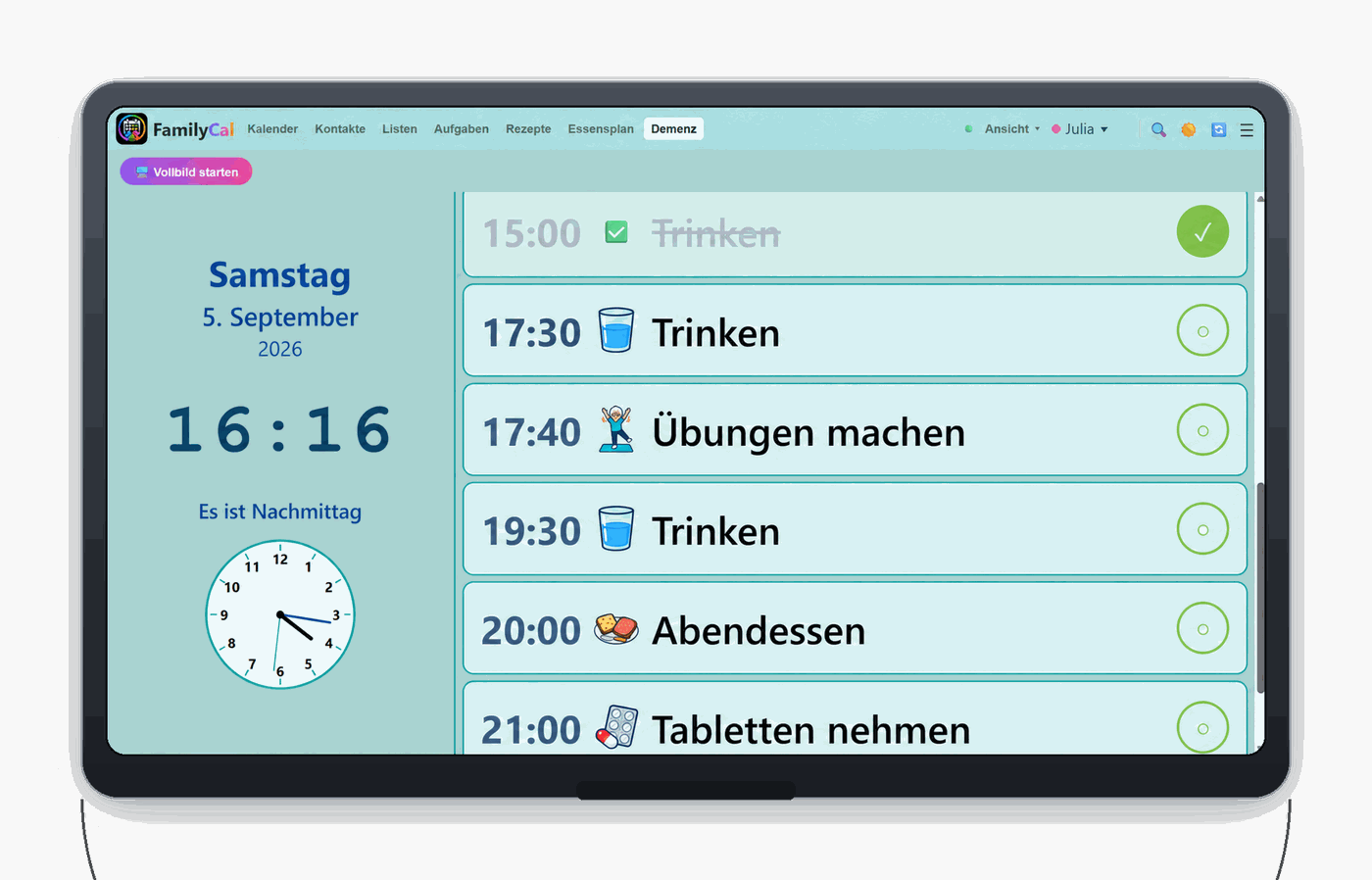 Die Demenzuhr im hellen Modus mit türkisen Kacheln