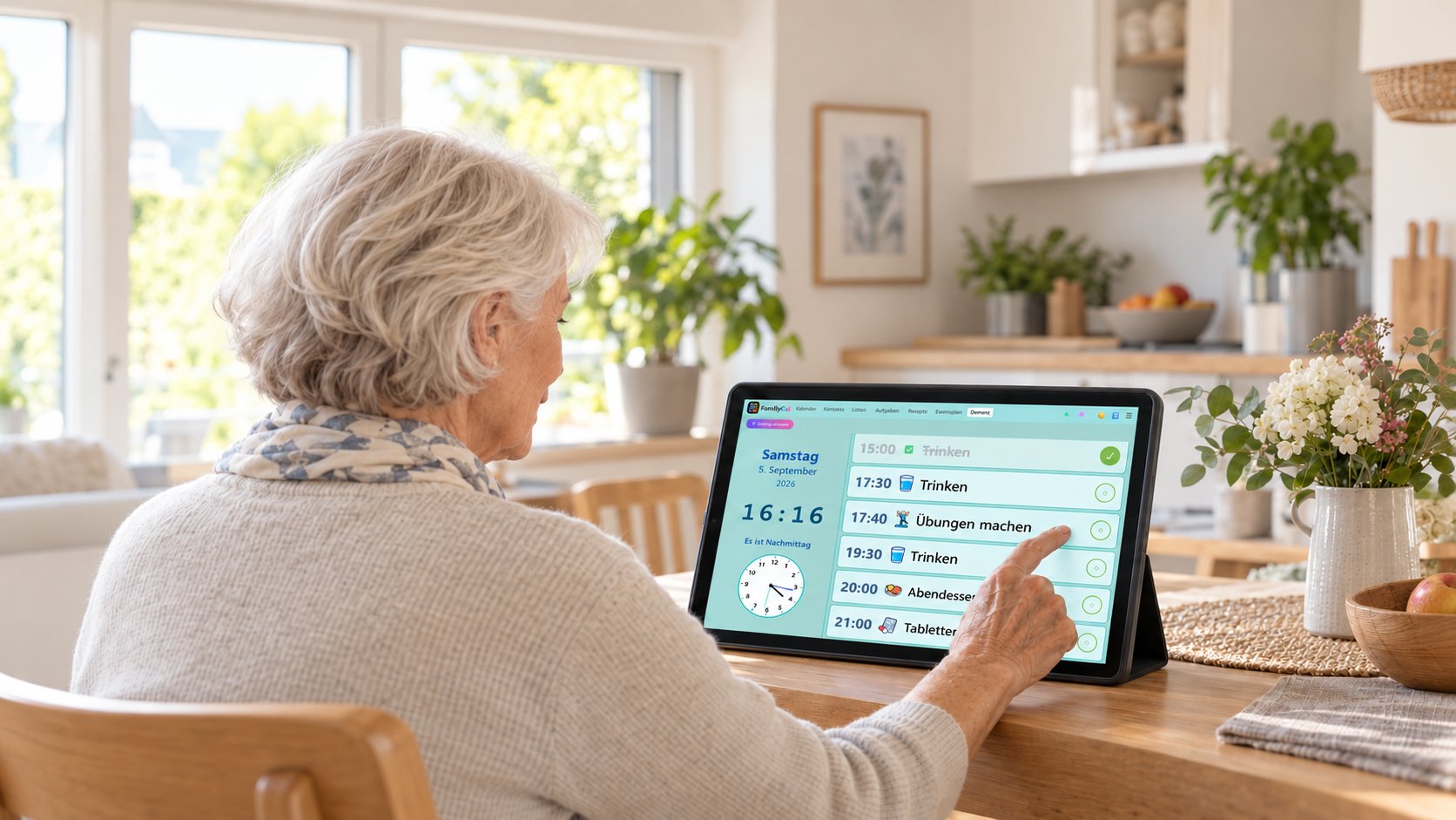 Eine Seniorin bedient den FamilyCal Demenz-Begleiter auf ihrem Tablet