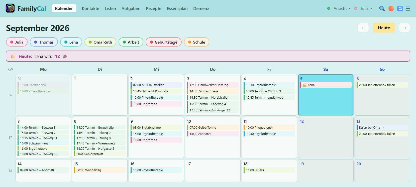 Monatskalender mit eigener Farbe je Person