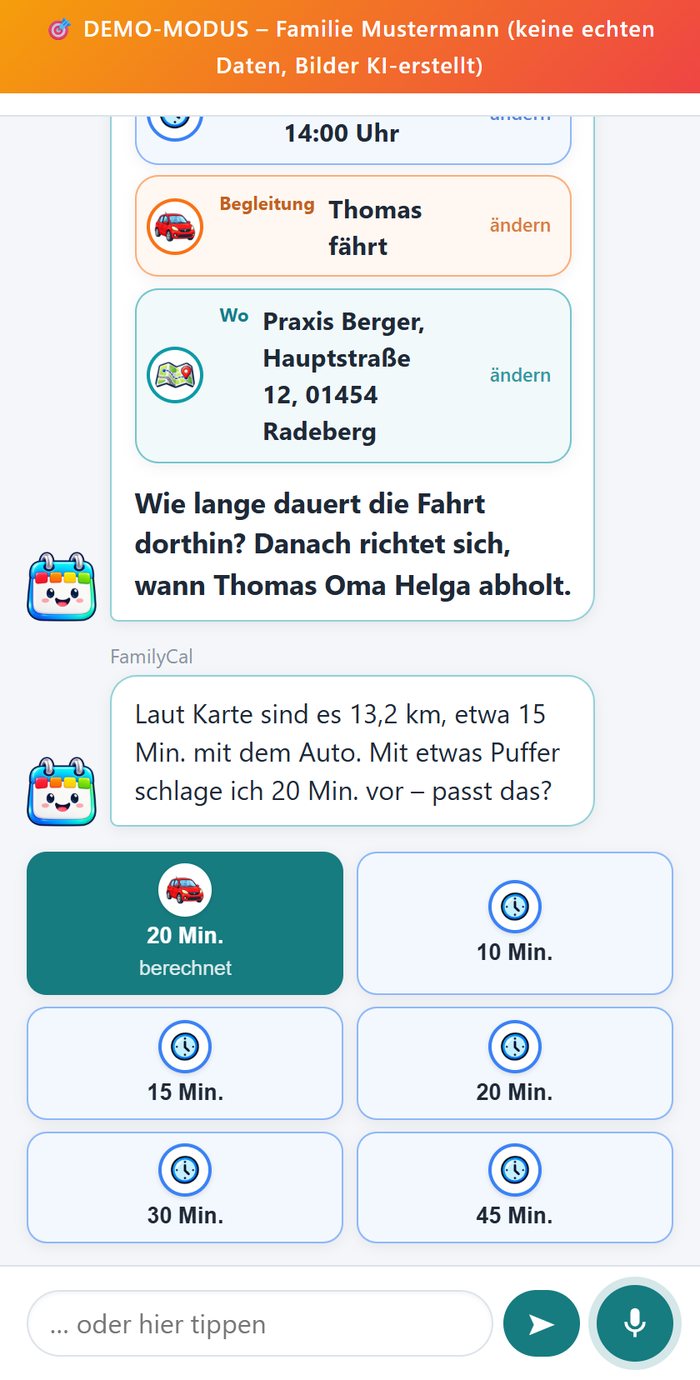 FamilyCal schlägt 15 Minuten Fahrzeit vor: 4,3 km, etwa 8 Minuten mit dem Auto plus Puffer