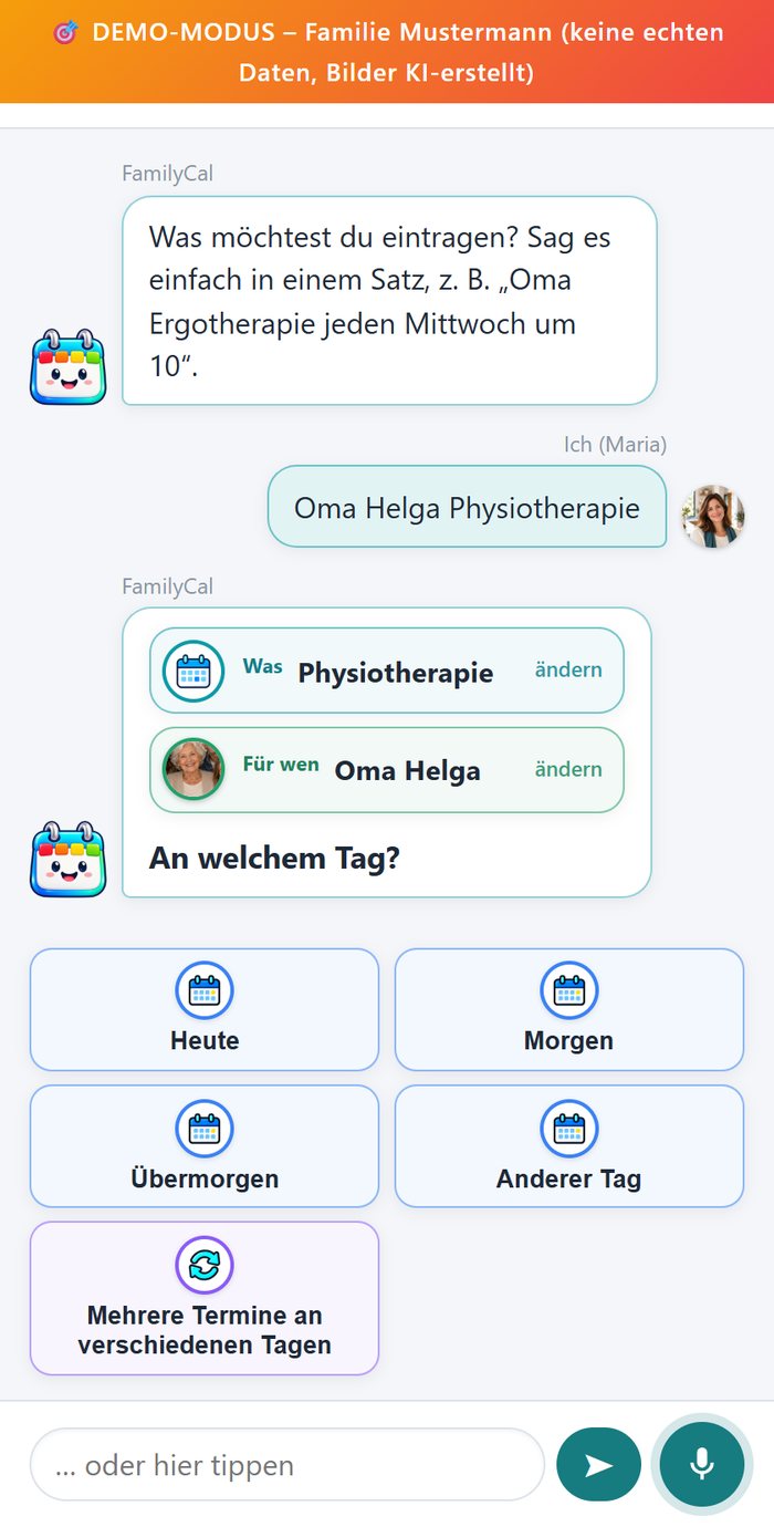 FamilyCal hat „Physiotherapie für Oma Helga“ verstanden und fragt: An welchem Tag?