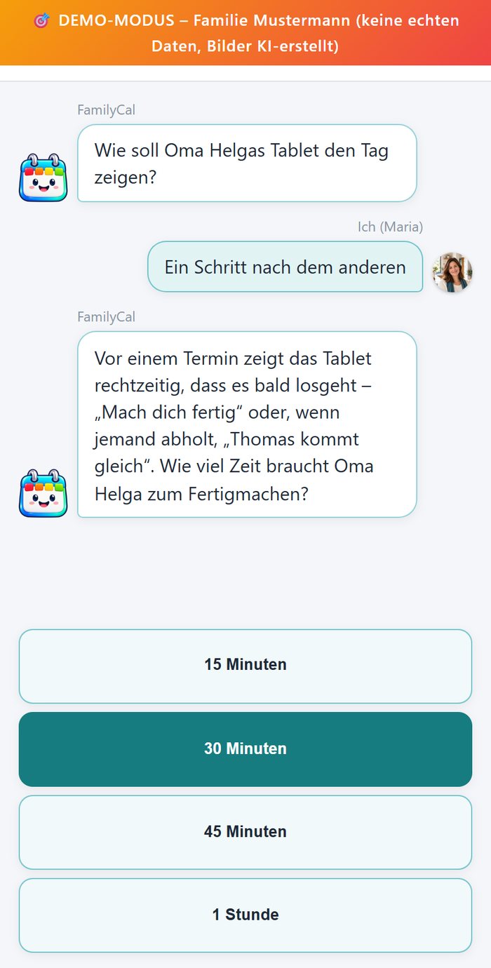 Geführte Einrichtung auf dem Handy: FamilyCal fragt, wie das Tablet den Tag zeigen soll und wie viel Zeit zum Fertigmachen gebraucht wird
