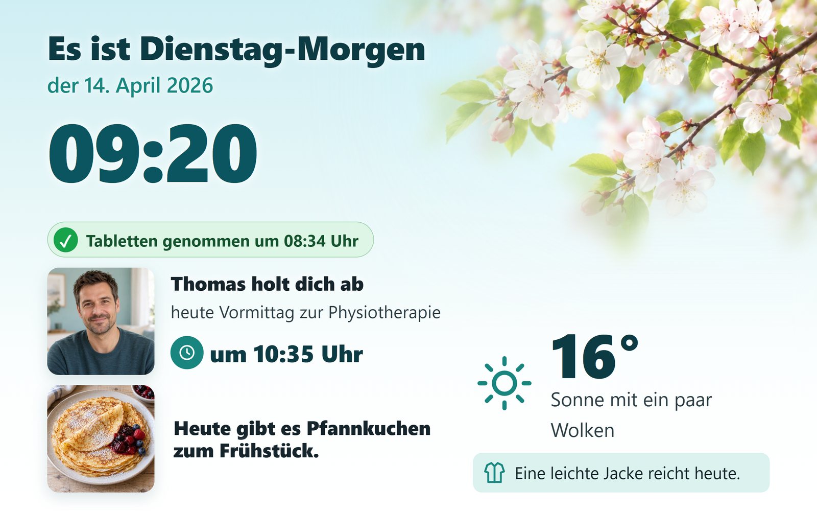 Neuer Tagesplan für Menschen mit Demenz: Tageszeit in Worten, große Uhrzeit, was als Nächstes kommt, Frühstück und Wetter