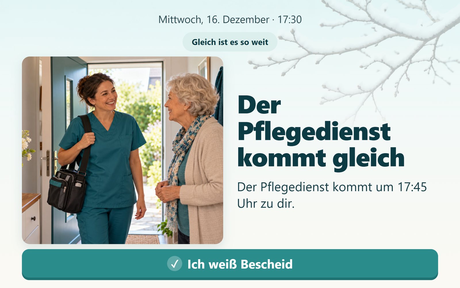 Winter: große Karte „Der Pflegedienst kommt gleich“ mit Foto