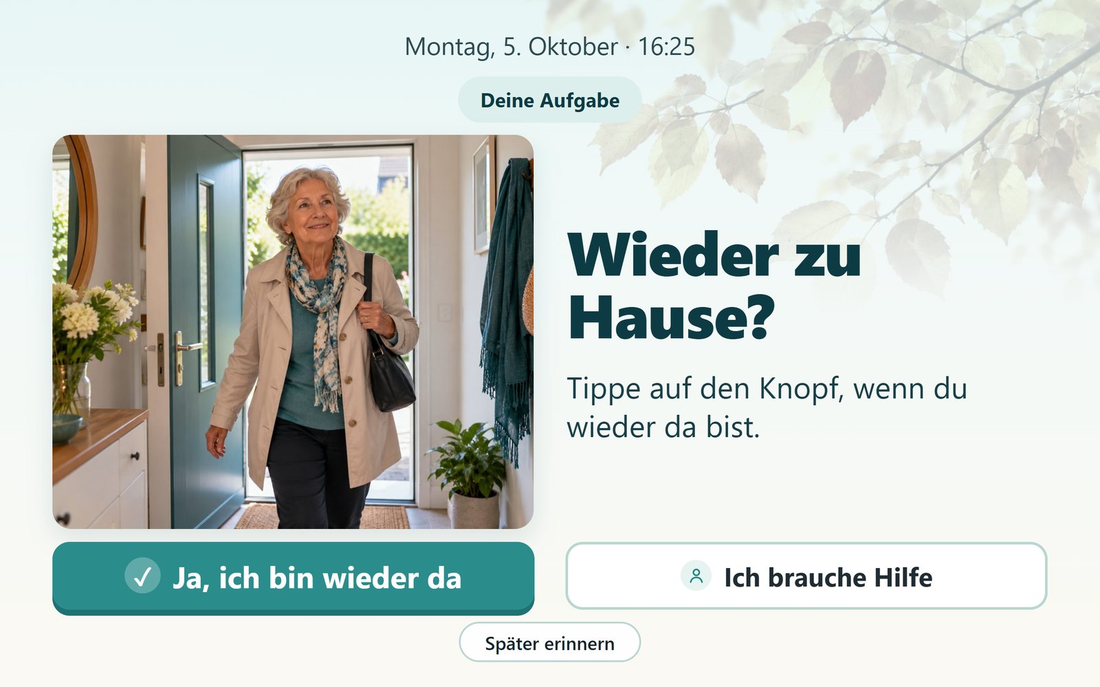 „Wieder zu Hause?“ mit dem Knopf „Ja, ich bin wieder da“